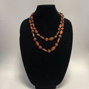 Extra Long Plastic Wood Look Floral Faceted Beaded Necklace Boho Festival
